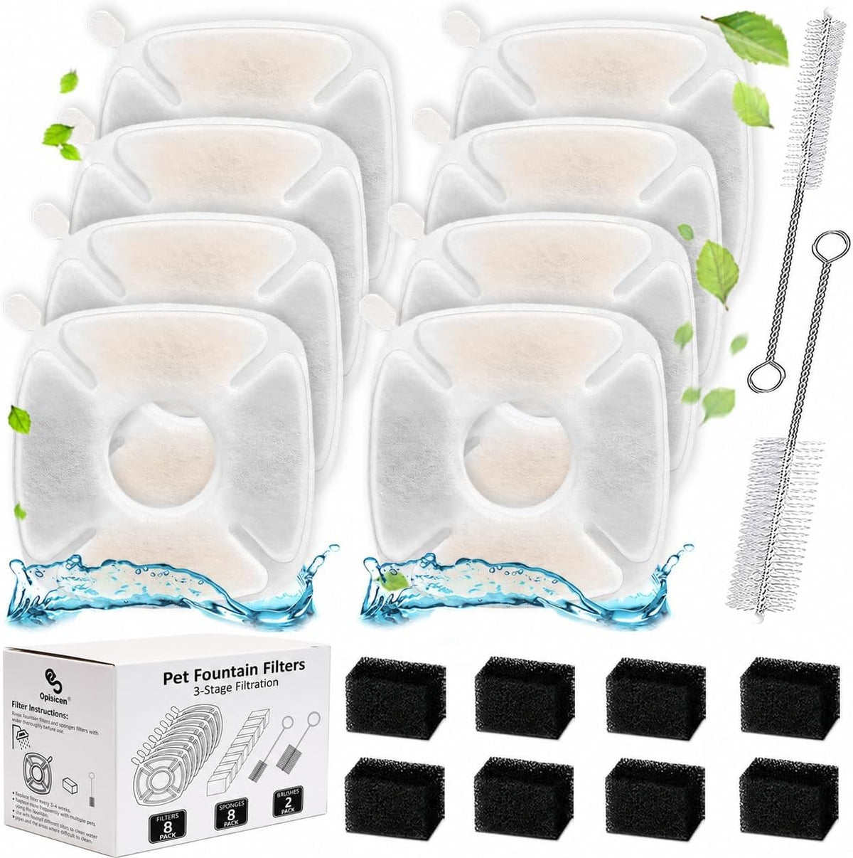 34 Pcs Cat Water Fountain Filters Replacement Compatible with VEKEN - 8 Filters+8 Sponges+2 Brushes