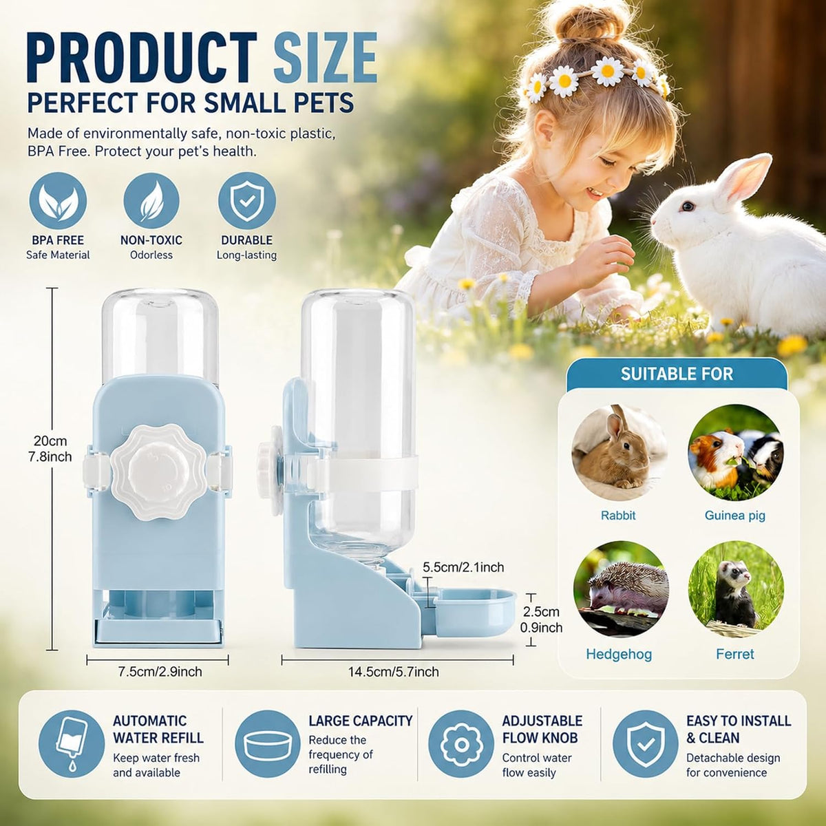 Rabbit Water Bottle No-Drip, Bunny Guinea Pig Water Dispenser – Essentials for Small Pets - Blue - image 2