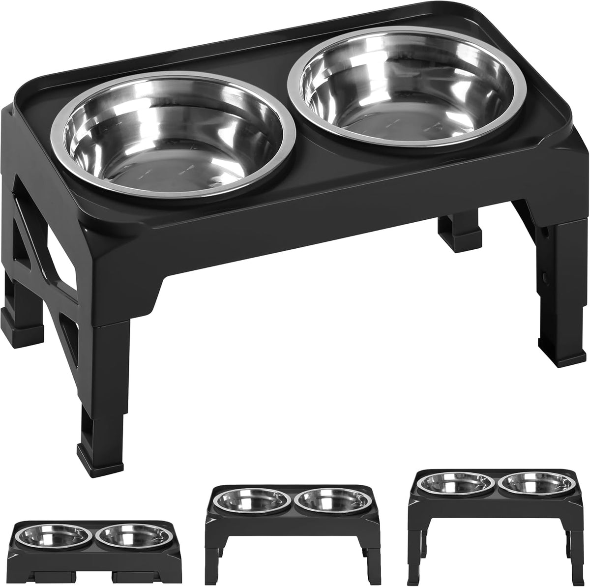 Hubulk Elevated Dog Bowls with 2 Stainless Steel Dog Food & Water - S (6" for Small Dogs) / Black
