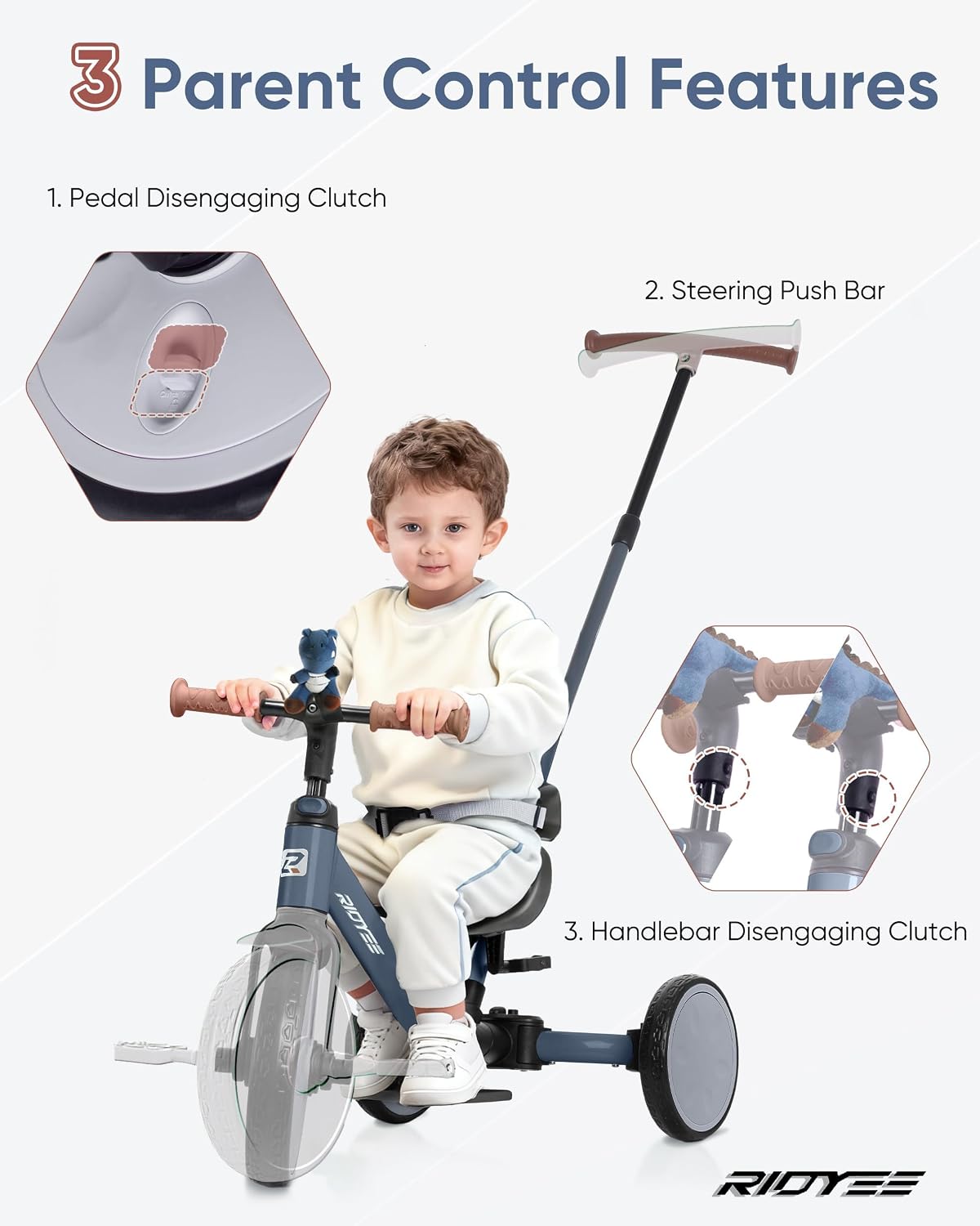 RIDYEE 5-in-1 toddler tricycle with parent push handle and harness seat - view 5