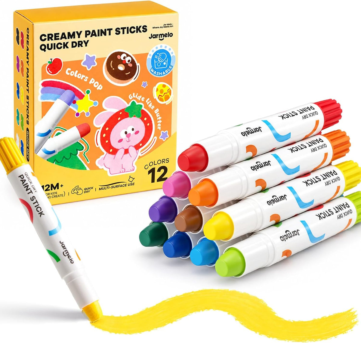 Jar Melo tempera paint sticks for kids in 16 washable solid colors with twist-up barrels