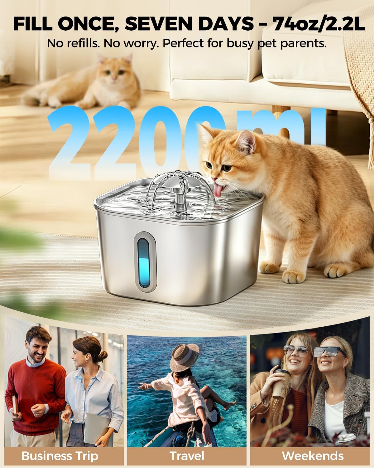 Cat Water Fountain Stainless Steel 74oz/2.2L with 3 Filters & 3 - 2.2L+6Filters+6Sponges - image 2