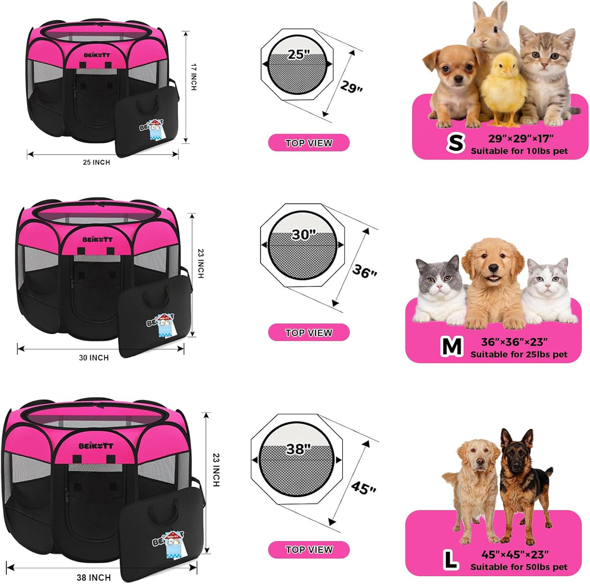 Dog Cat Playpen, Puppy Pet Crate Tent Cage - Rose / L(45"L x 45"W x 23"H) - image 2