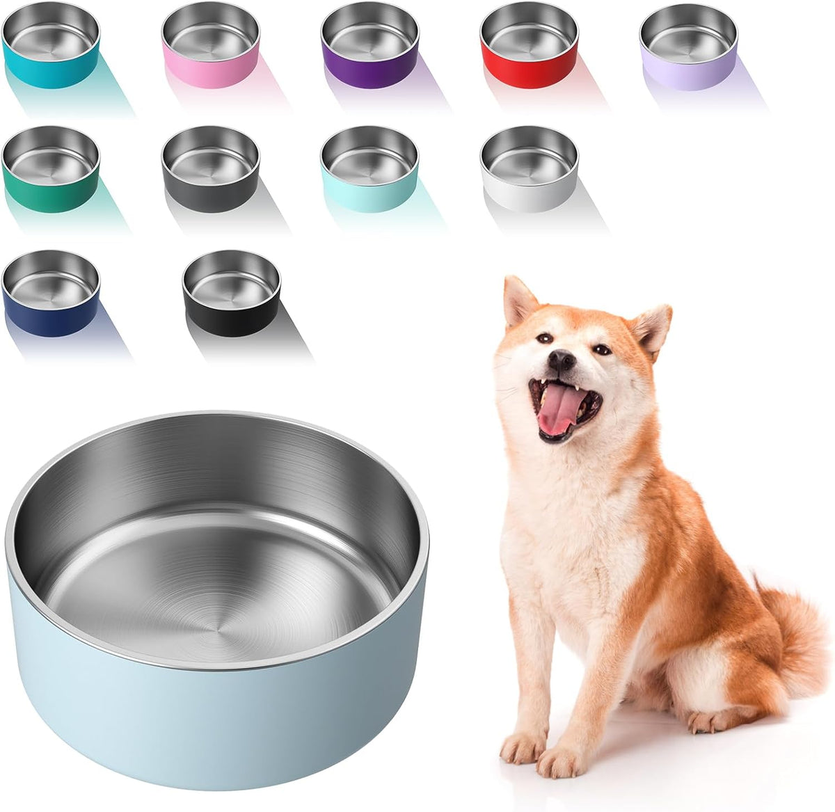 Dog Bowl, Stainless Steel Food and Water Bowl - 64 oz / Light Grey