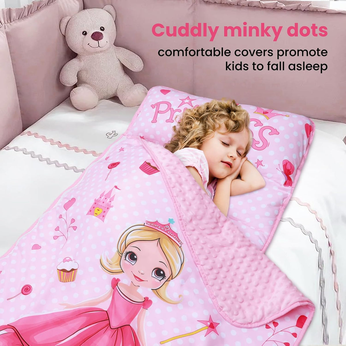 Kids Nap Mat Portable Slumber Bags with Removable Pillow and Blanket - Pink Princess - image 4