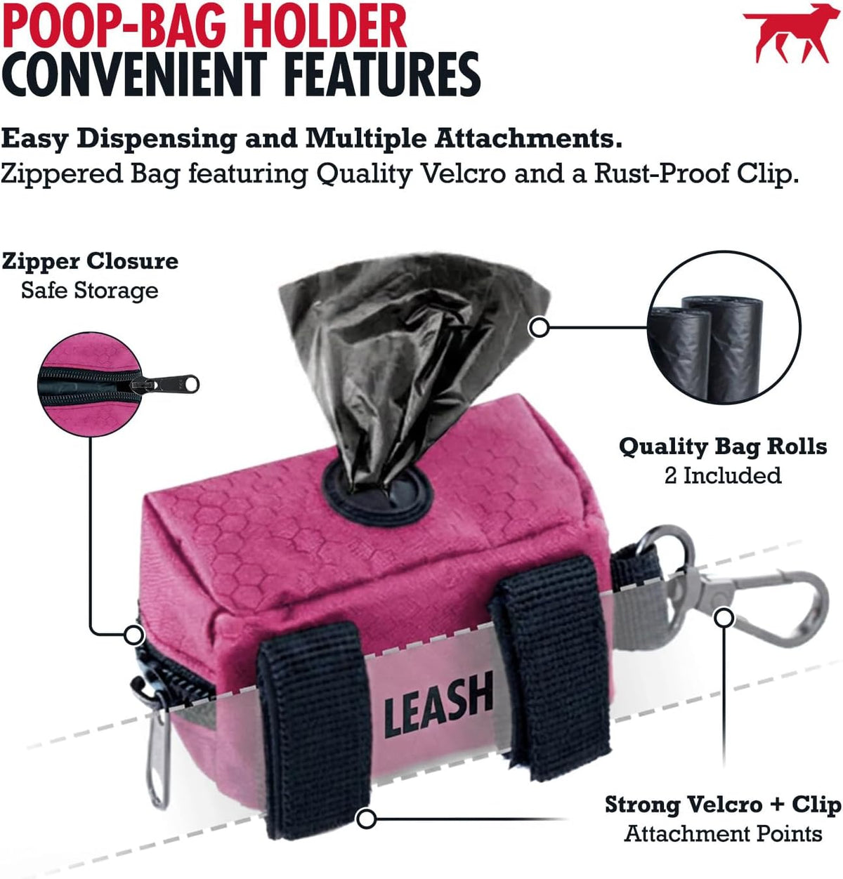 Tuff Pupper Dog Poop Bag Holder, Works with Any Dog Leash - Pink - image 4