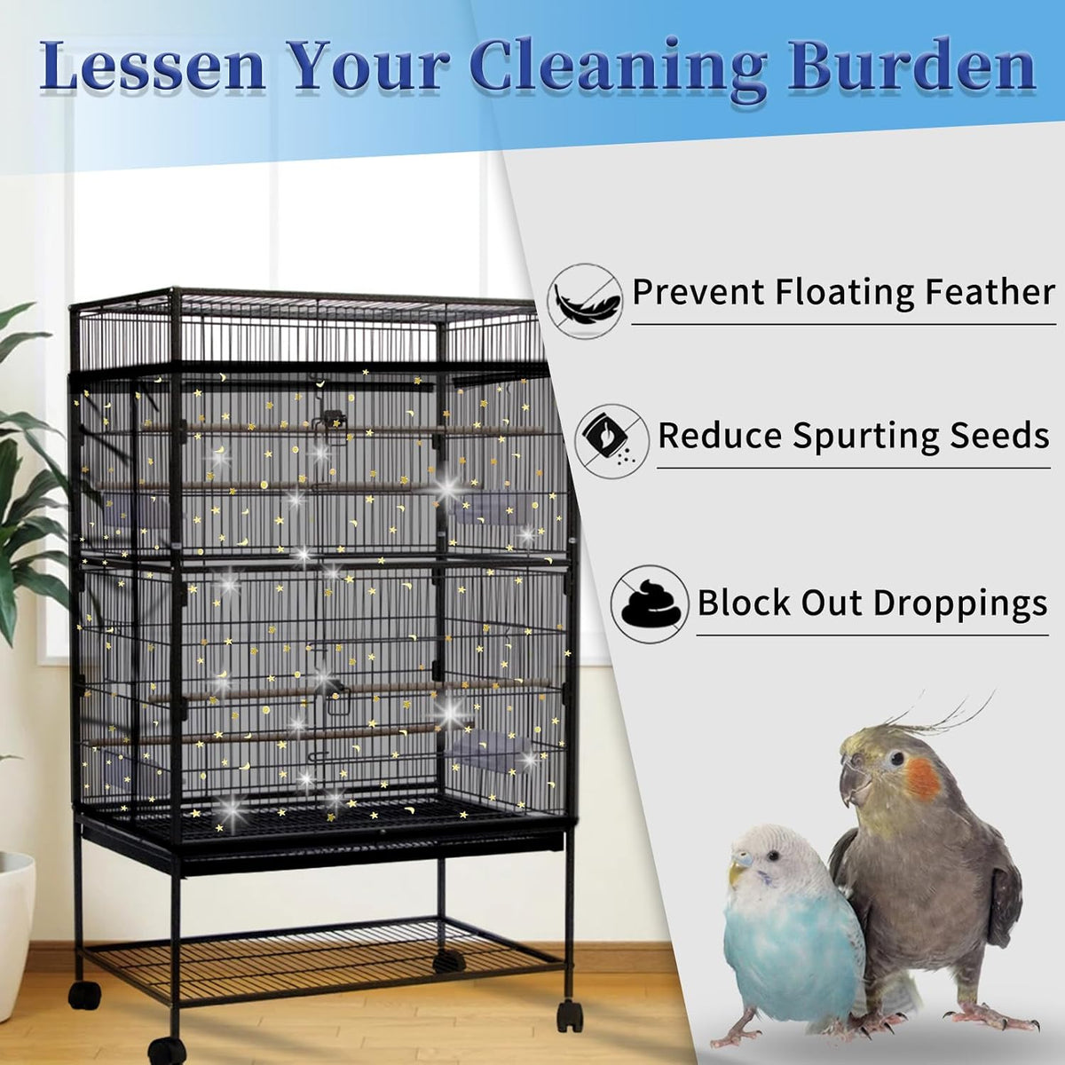 Bird Cage Seed Catcher, Large Bird Cage Cover - Black, Sequins Star - image 4