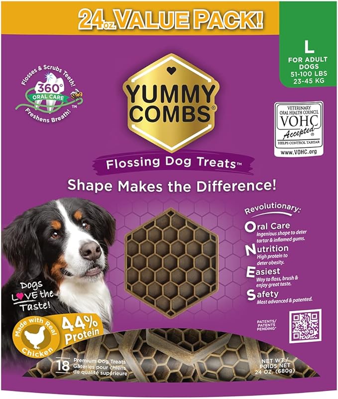 Dog Dental Treats – Vet VOHC Approved – Delicious Chicken Protein – Removes Tartar with Cleaning Comb Shape – Dental Dog Treats for Large Dogs (24oz, 18 Count)