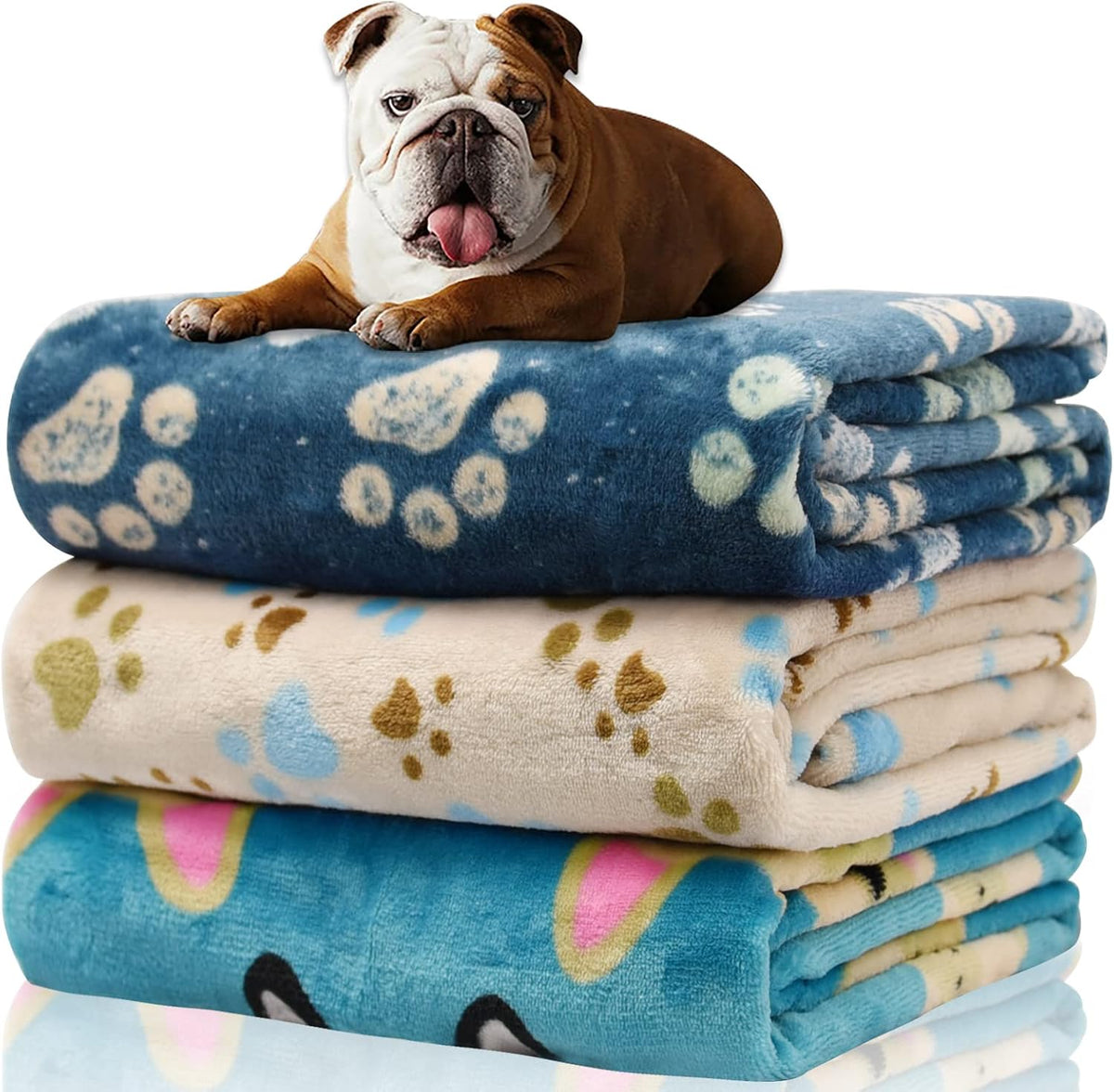 Rezutan Blanket for Large Dogs & Cats Soft Reversible Cute Paw 40"x31" – Essentials for Dogs - Blue/Beige/Navy Blue(pack of 3) / Medium,30x20Inch