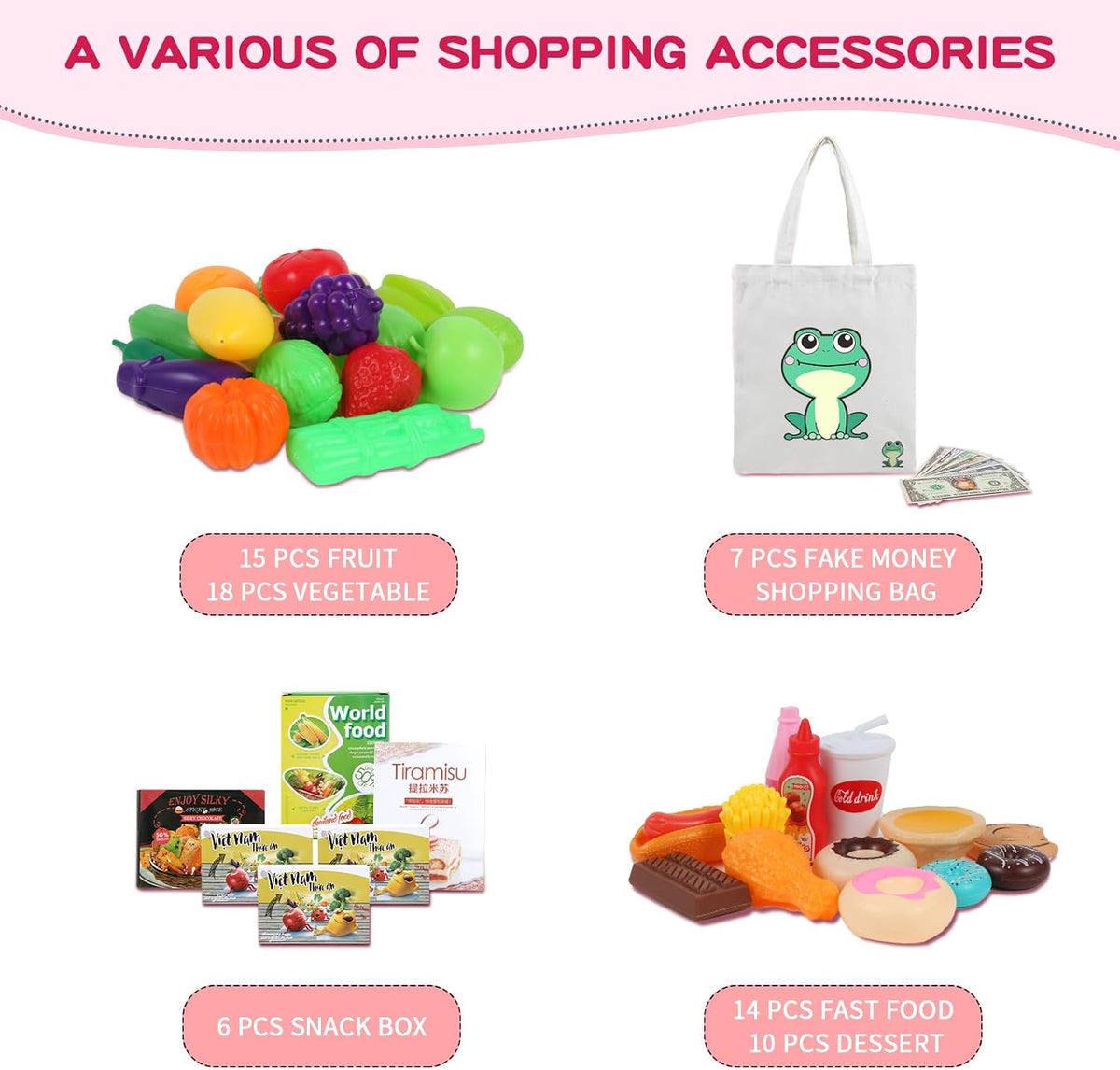 Ming You 2-in-1 Kids Shopping Cart Toy with Pretend Play Foods - Pink - image 4