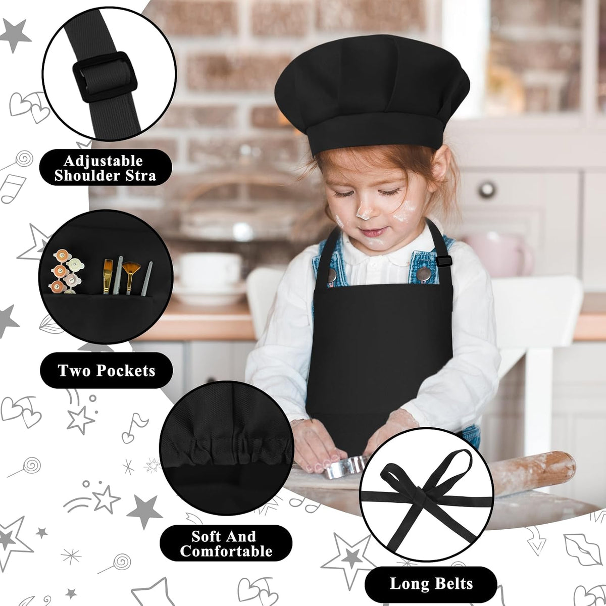 Kids Apron and Chef Hat Set Adjustable Child Art Aprons with 2 - B-black / Small - image 3