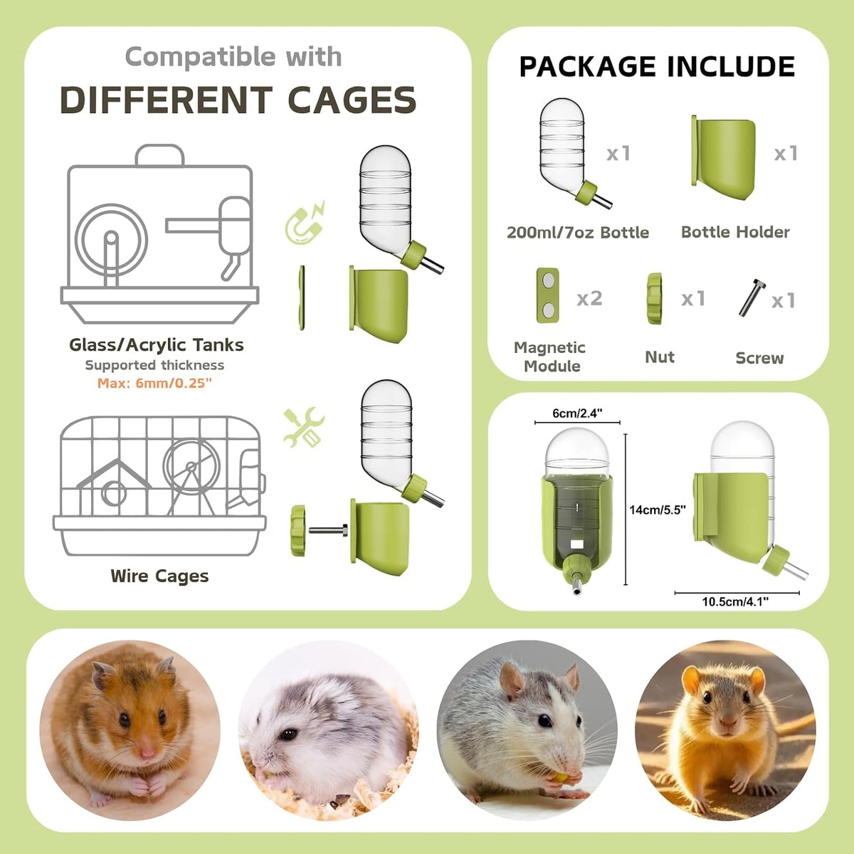 Hamster Water Bottle with Magnetic Holder - Green / 7 oz (Magnetic-Mounted) - image 3