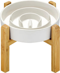 Ceramic Slow Feeder Dog Bowls - White + Stand / 8 Inches