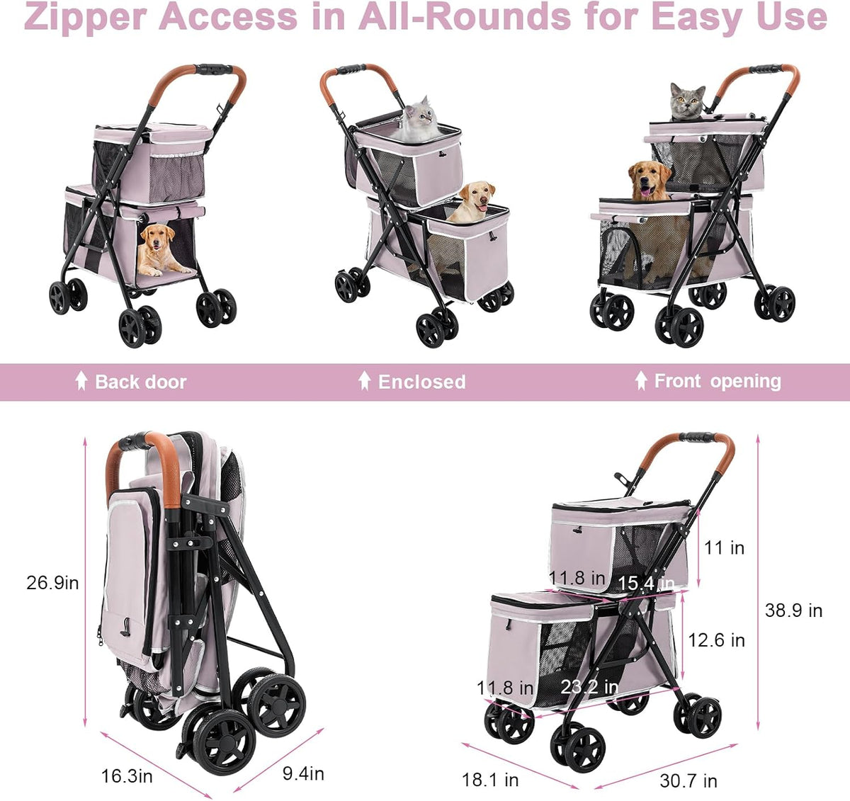 Double Pet Stroller for 2 Dogs & Cats, Double-Decker, Blue – Essentials for Dogs - Pink - image 3