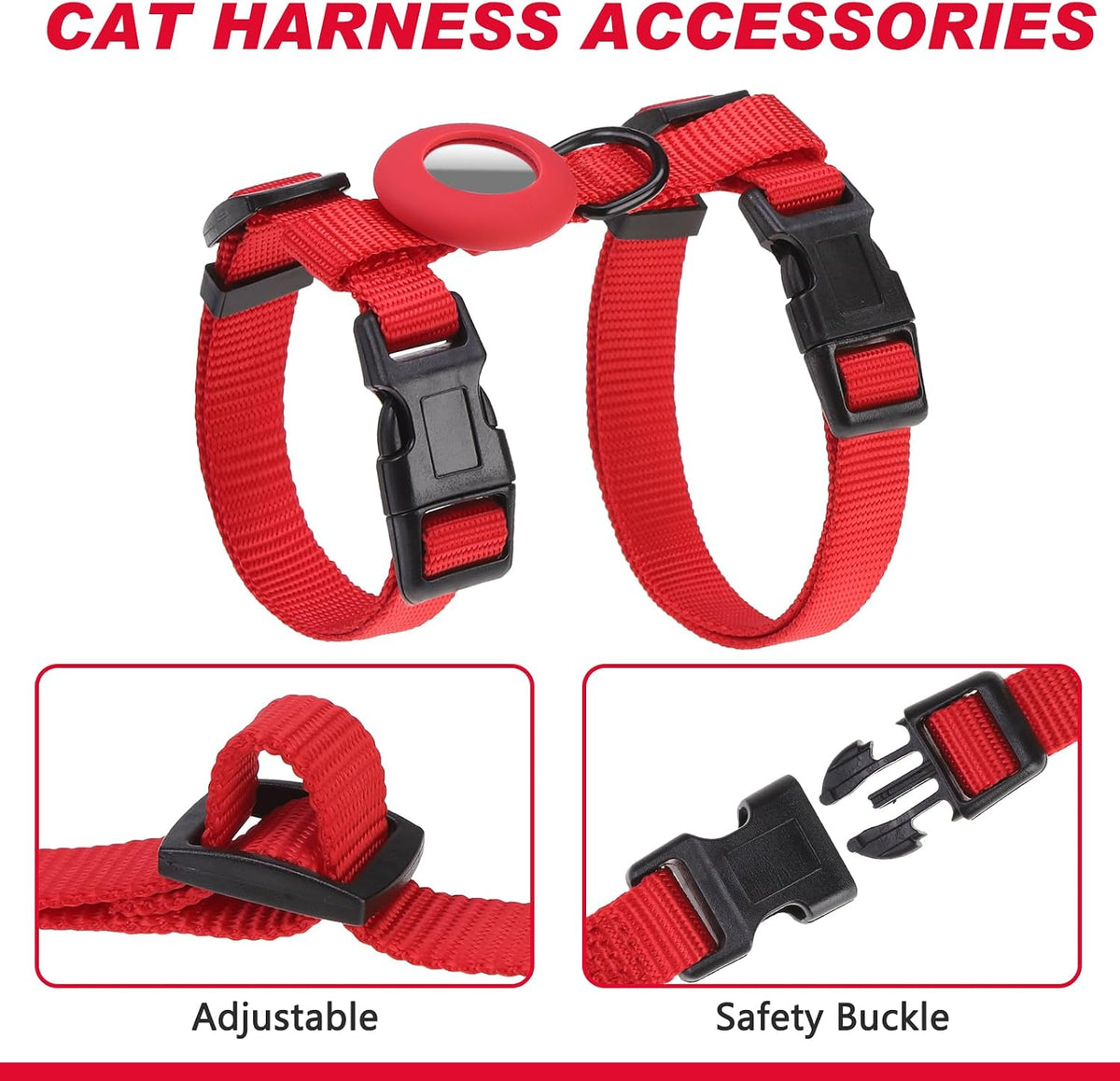 Cat Harness and Leash Set with Airtag Holder for Walking & Travelling - Red - image 3