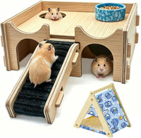 Wooden Hamster Hideout House Castle with Platform, Bowl & Ladder – Essentials for Small Pets - 4 Room + Bowl + Tent – 2.4" Entrance