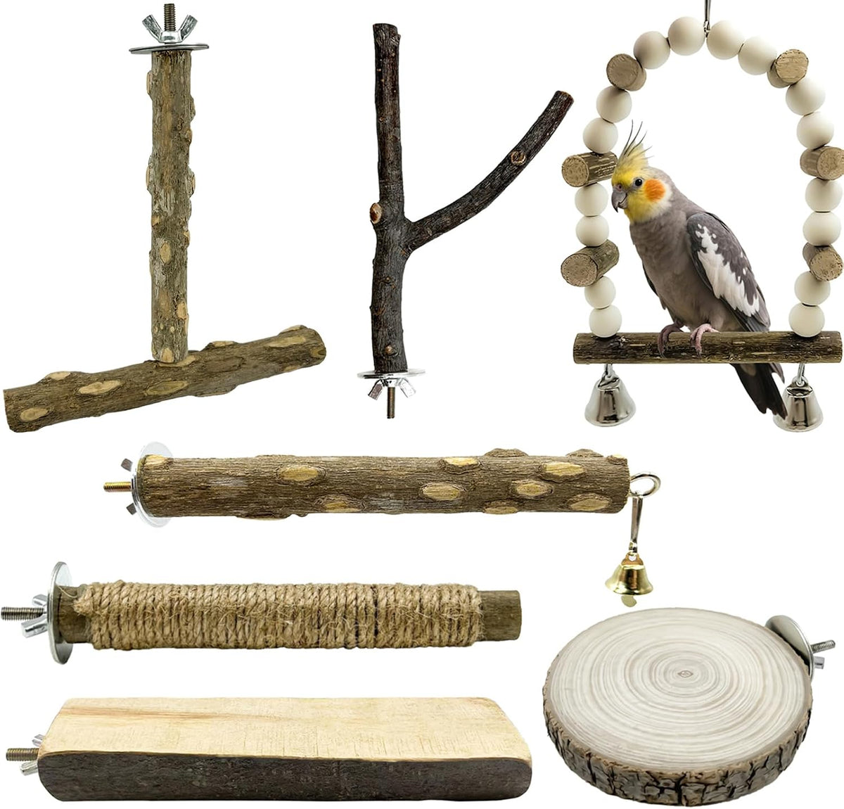 5Pcs Natural Wooden Bird Perch Set, Parrot Perch Toys - Brown / 7PCS