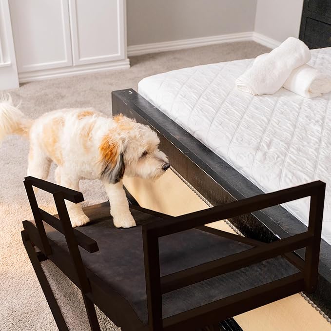 Dog Ramp for Bed, 5 Level Adjustable Dog Ramp for High Beds, Upgrade Rubber Mat High Traction Ramp with Safety Rails, Folding Pet Ramp for Bed, Couch,SUV, Natural Wood Pet Ramp for Small & Old Dogs
