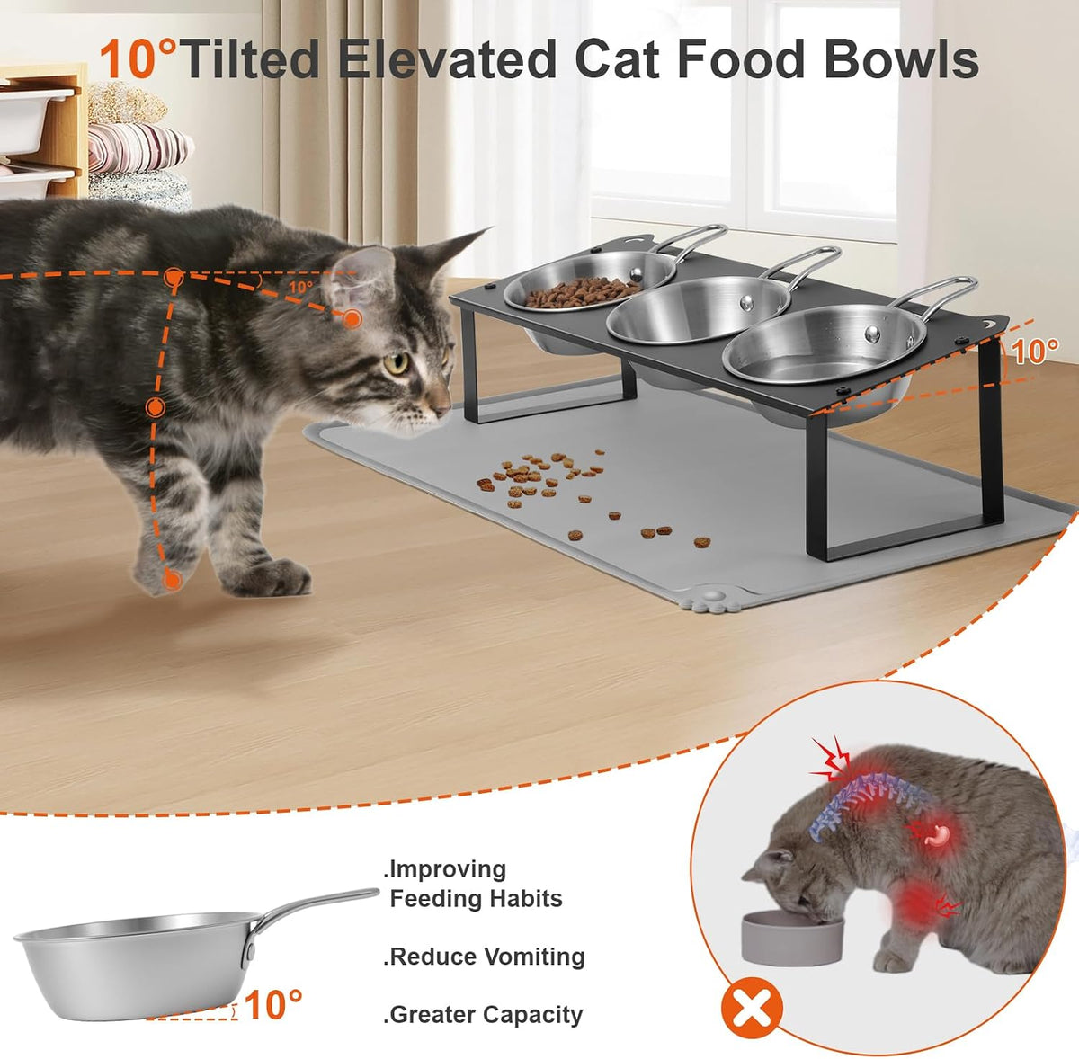 Elevated Cat Bowls with Food Mat - Black-3Bowls-Handles - image 2