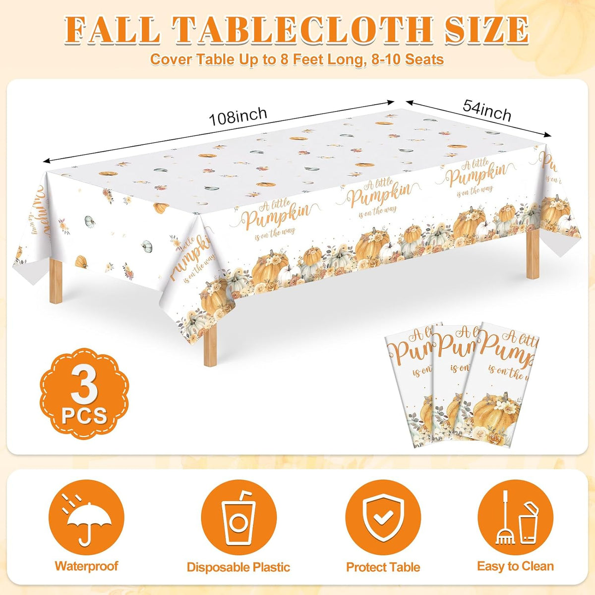 NatNarr 3 Pack Wood Grain Plastic Tablecloths - Autumn Pumpkin - image 2
