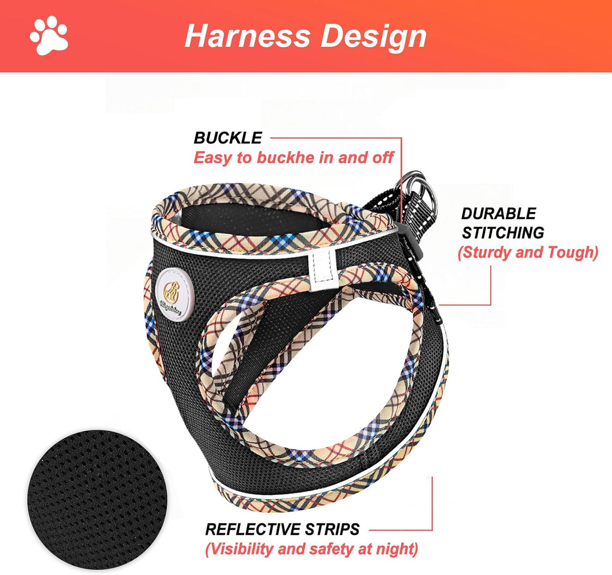 Hipubby Dog Harness Small Sized and Leash Set - Black/Khaki Trim / XXS (Chest: 11"-12.5") - image 4