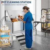 Stainless Steel Dog Washing Station - Dog Bath Tub for Large, Medium, Small Dogs, Pet Grooming Tub with Ramp, Non-Slip Grate, Shower, Soap Box, Faucet, Drain for Home & Outdoor （Left RAMP, 62"）