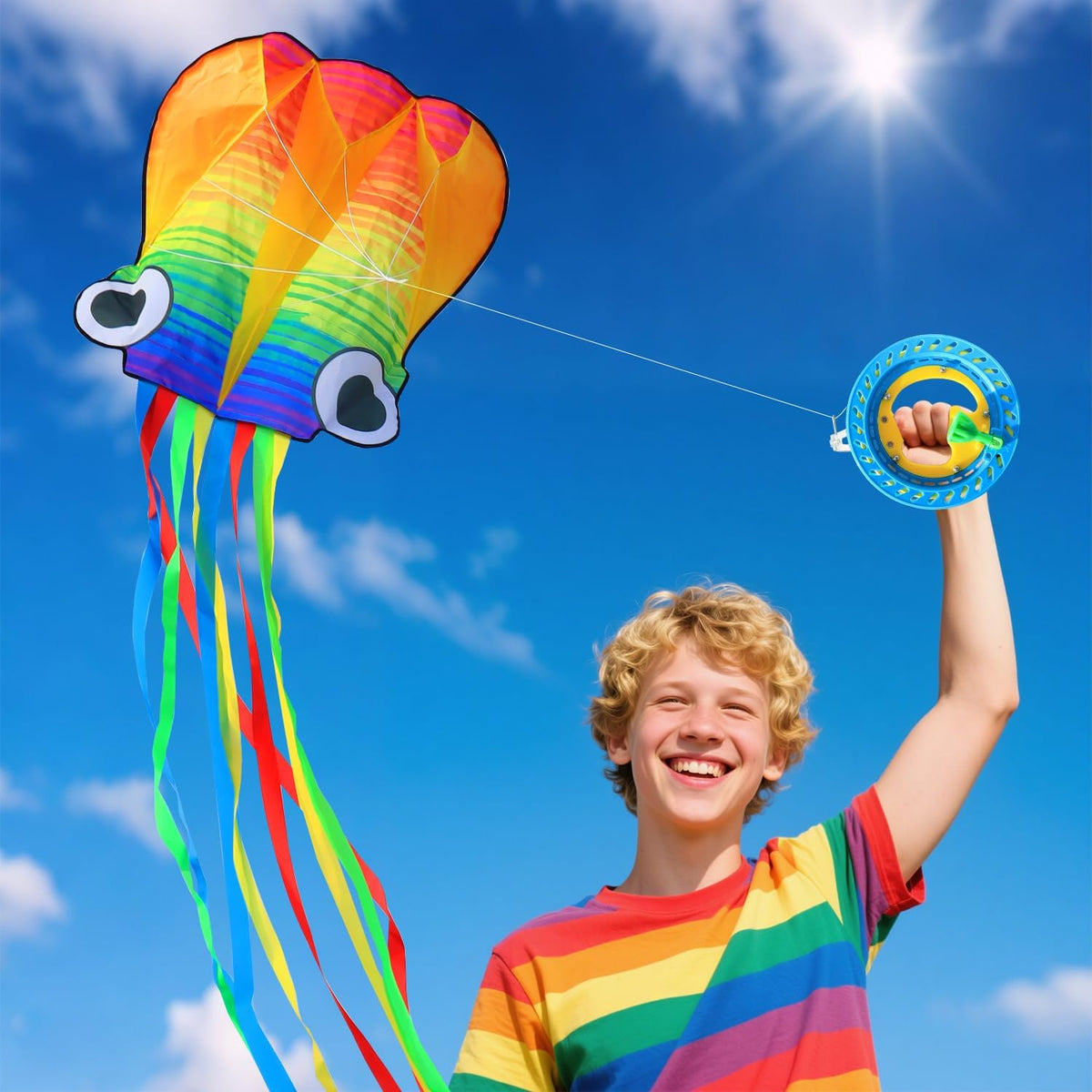 Xida rainbow octopus kite, a frameless ripstop polyester kite with flying line and handle - view 15