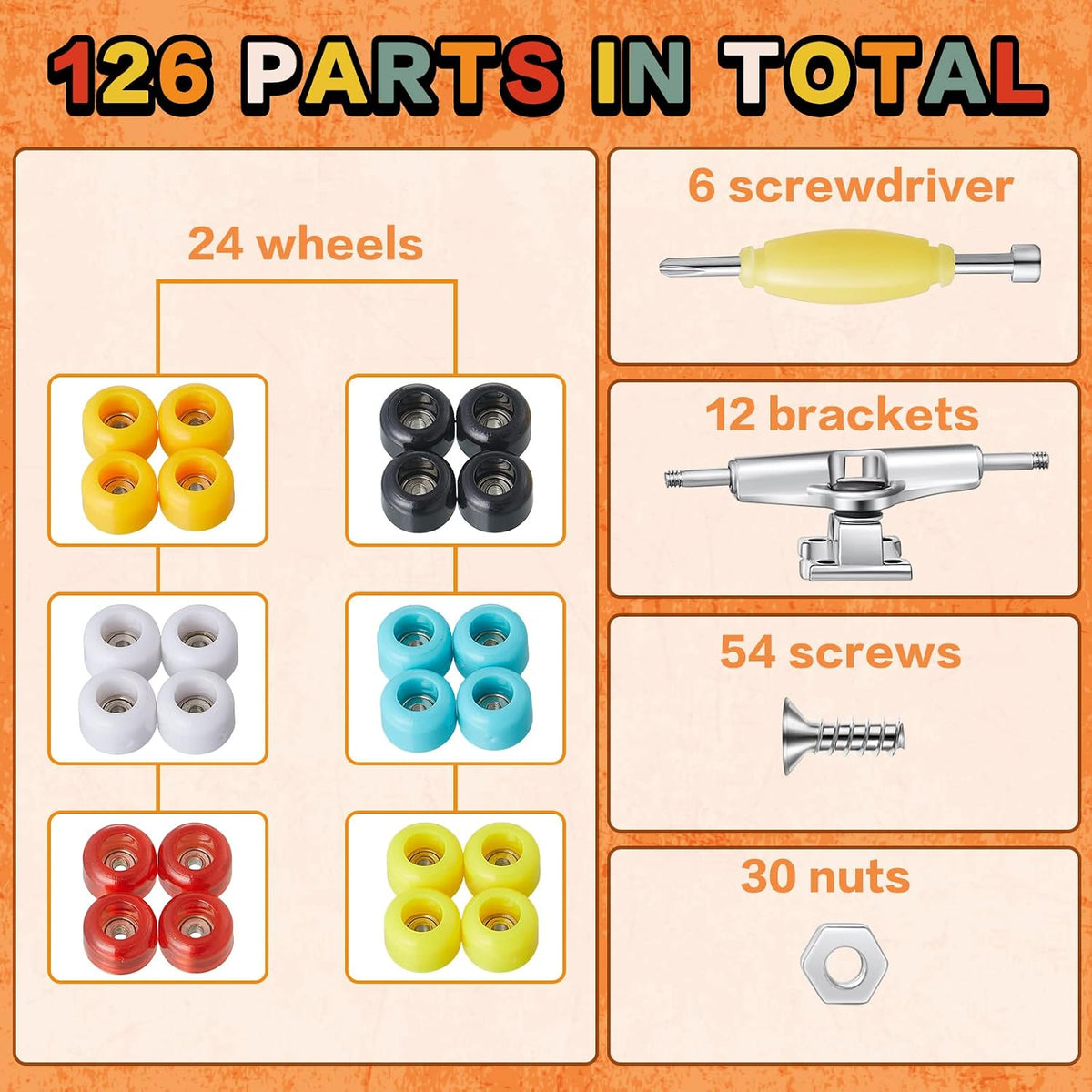 Jexine fingerboard kit with 6 sets of colorful trucks, wheels, screws and screwdrivers - view 8