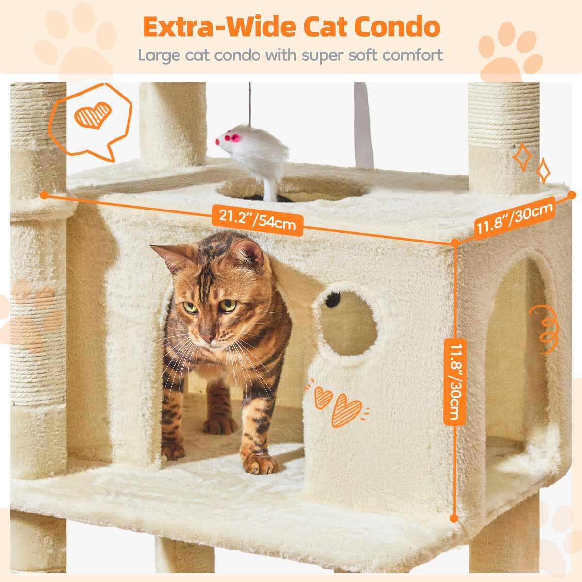 Taoqimiao Cat Tree, 67 in Tall Cat Tower with 2 Plush Cat Condos – Essentials for Cats - 73 inches / Beige - image 3