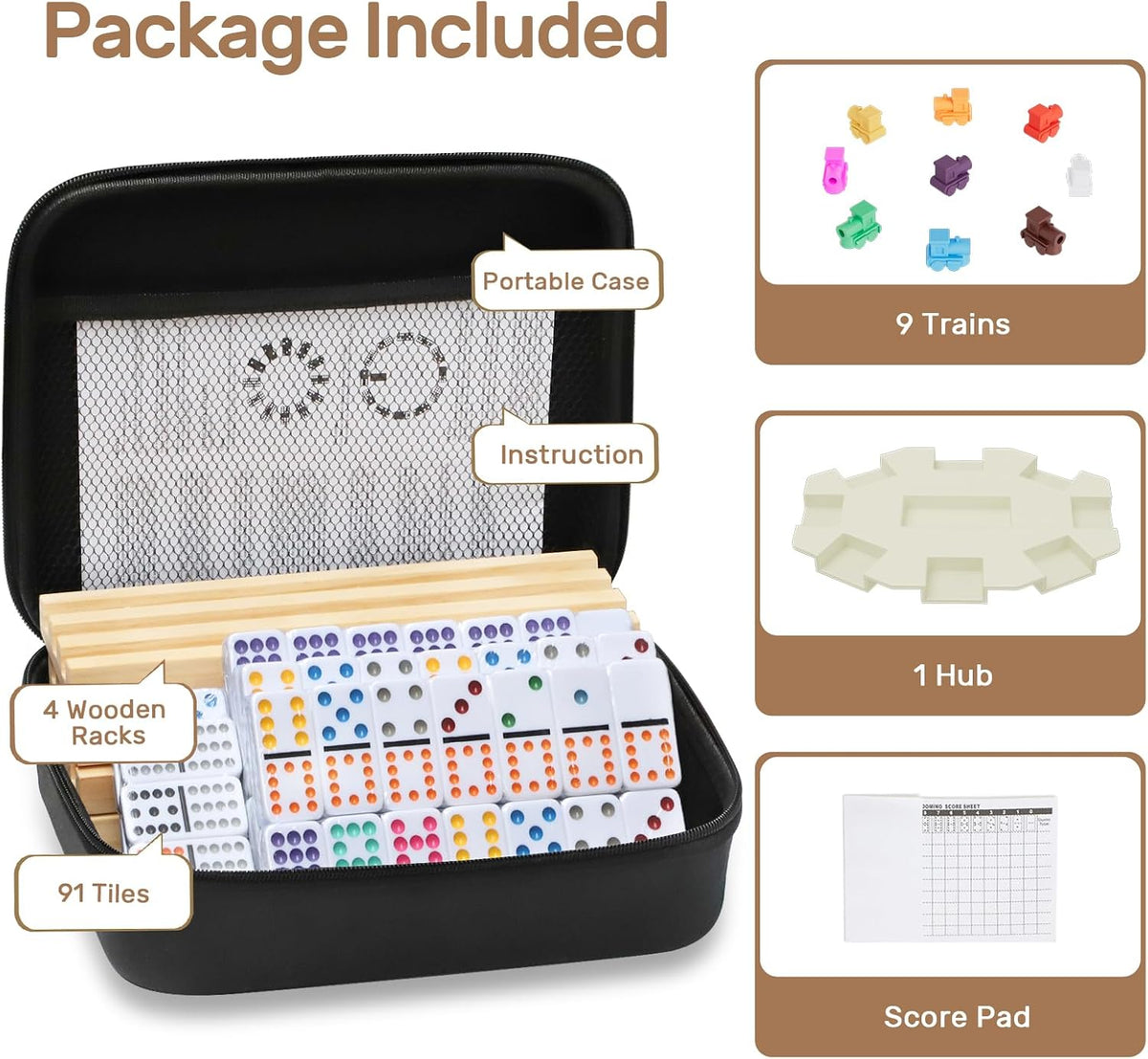 Mexican Train Dominoes Set with Numbers and 4 Wooden Trays/Racks - D12 Dot 4 Players - image 3