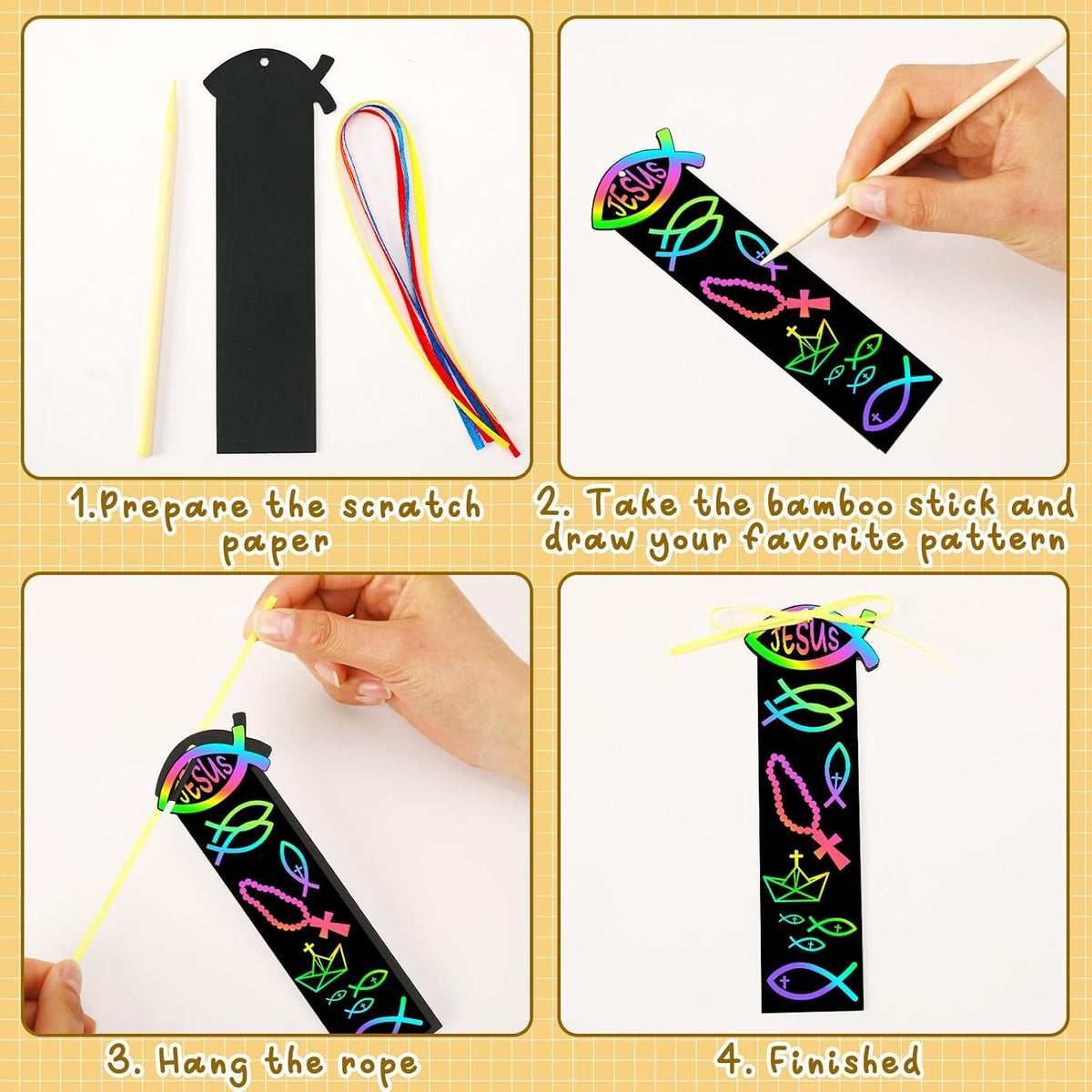 JUNEBRUSHS rainbow scratch art bookmarks with bamboo scratch sticks and colored satin ropes - view 25