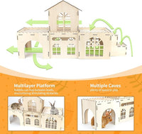 Extra Large Bunny Castle Hideout, Wooden Bunny House and Hideouts Detachable Rabbits Hideaway, Indoor Rabbit Castles Sturdy Small Animal Play Hideaway Hut for Rabbits, Guinea Pigs, Chinchillas