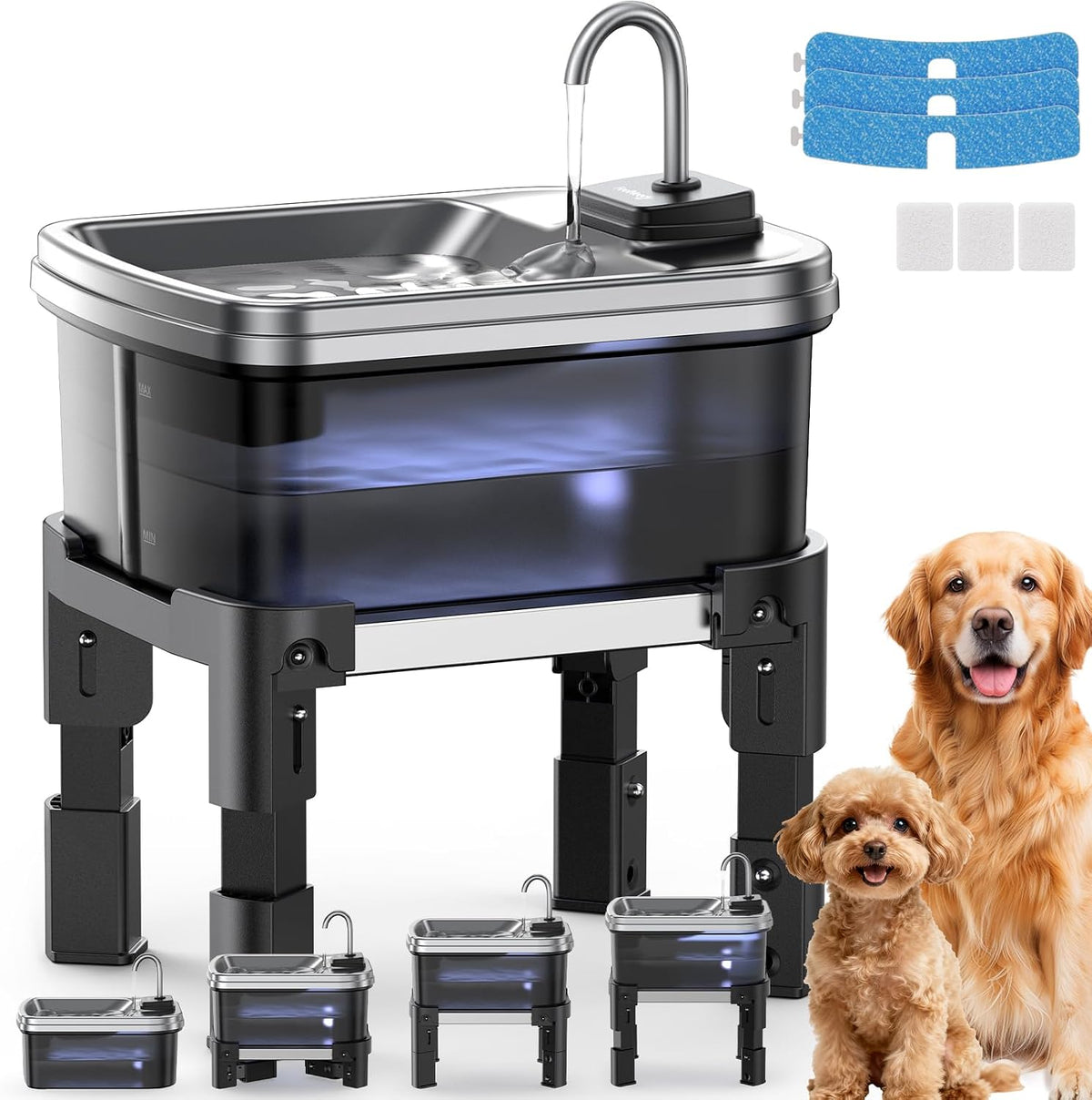 9L/2.38Gal Dog Water Fountain Elevated with 4-Height Adjustable Stand - Water Fountain + 3 Filters + 3 Sponges