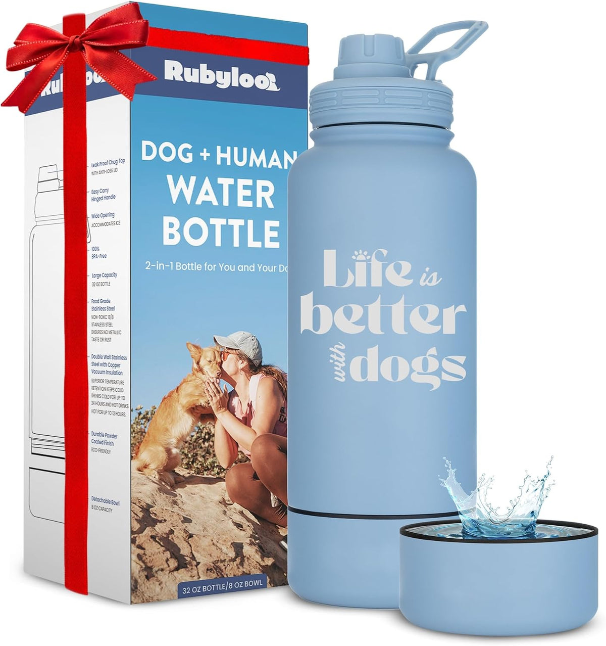 Rubyloo Dog Mom Water Bottle with Detachable Bowl for Dog Lovers – Essentials for Dogs - Life is Better: Dusty Blue