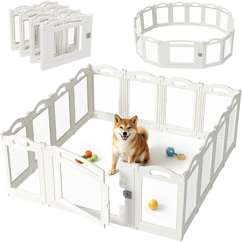 Foldable Clear Acrylic Dog Playpen with Door - White / 14 panels + 1 door / 23.6 inches