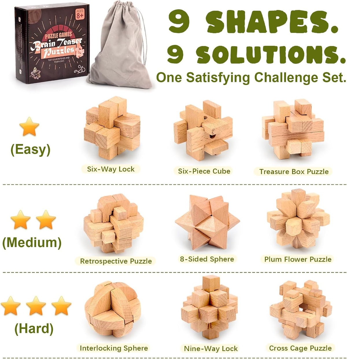 VolksRose 12pcs Wooden Brain Teaser Puzzles - C-9pcs-4.5cm - image 2