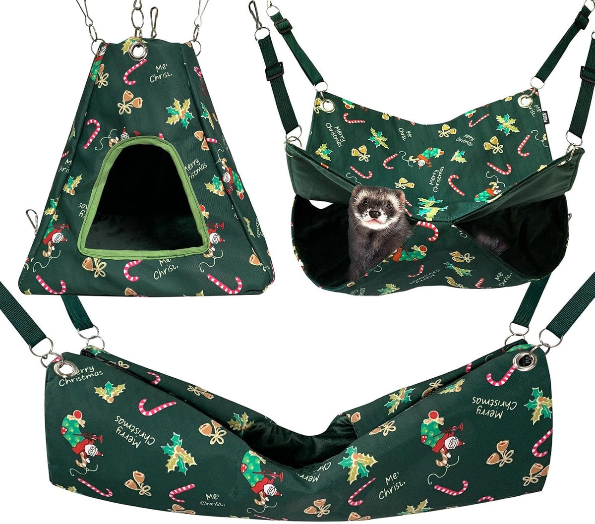 Ferret Rat Hammock Tent Hanging Tunnel Cage Accessories Set for Small - Christmas Green