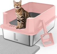 FURTIME Stainless Steel Cat Litter Box - Pink / Large