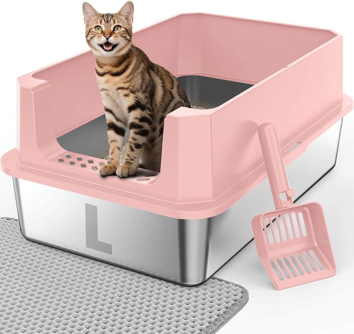 FURTIME Stainless Steel Cat Litter Box - Pink / Large