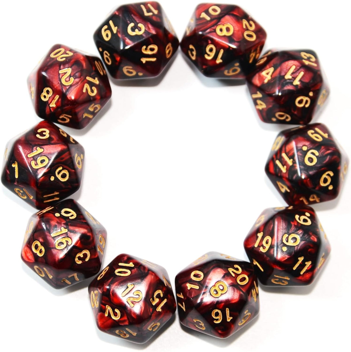 SmartDealsPro 10-Pack 20 Sided Dice D20 Polyhedral Dice for DND RPG - Black-red