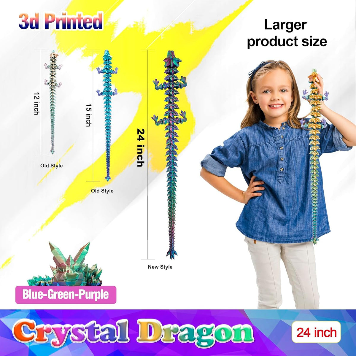 24 inch Large 3D Printed Dragon Glow in the Dark in Halloween – Fun for Kids & Family - Blue Green Purple / 24 inch - image 2
