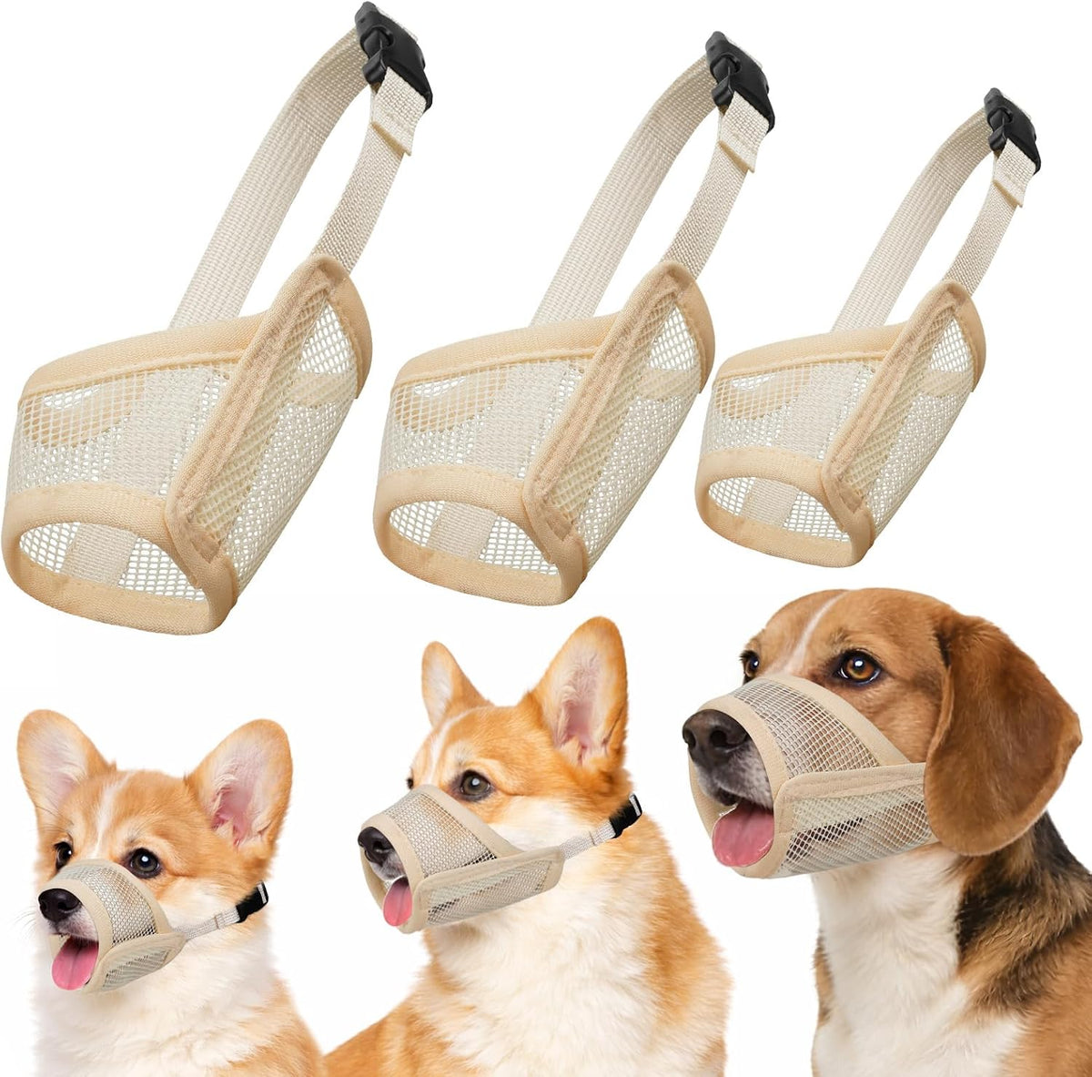 Mesh Dog Muzzle Suits for Small Medium Large Dogs Dog Muzzle Set – Essentials for Dogs - Beige / Medium 3 PCS(S-L)