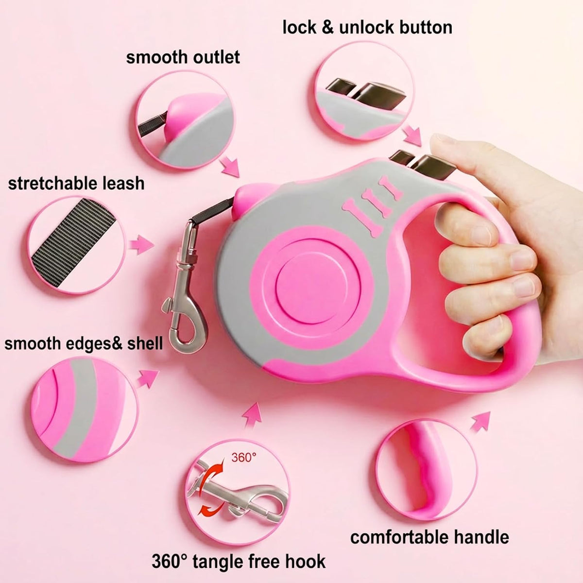 Retractable Dog Leash Lightweight 10/16FT Leash with Non-Slip Handle - Gray Pink / 10 FT - image 3
