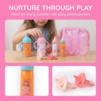 Beem Jun pink baby doll bottles and pacifiers set in a clear zippered bag - view 11