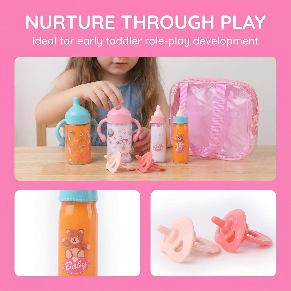 Beem Jun pink baby doll bottles and pacifiers set in a clear zippered bag - view 11