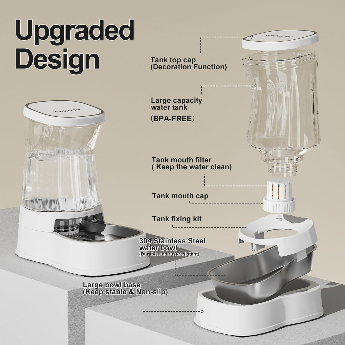 Automatic Dog Water Dispenser, Stainless Steel Bowls Feeder - White / 1 Gallon - image 3