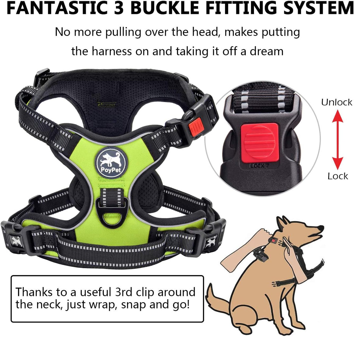 PoyPet No Pull Dog Harness Medium with Front Clip & Neck Release - XS / Green - image 2