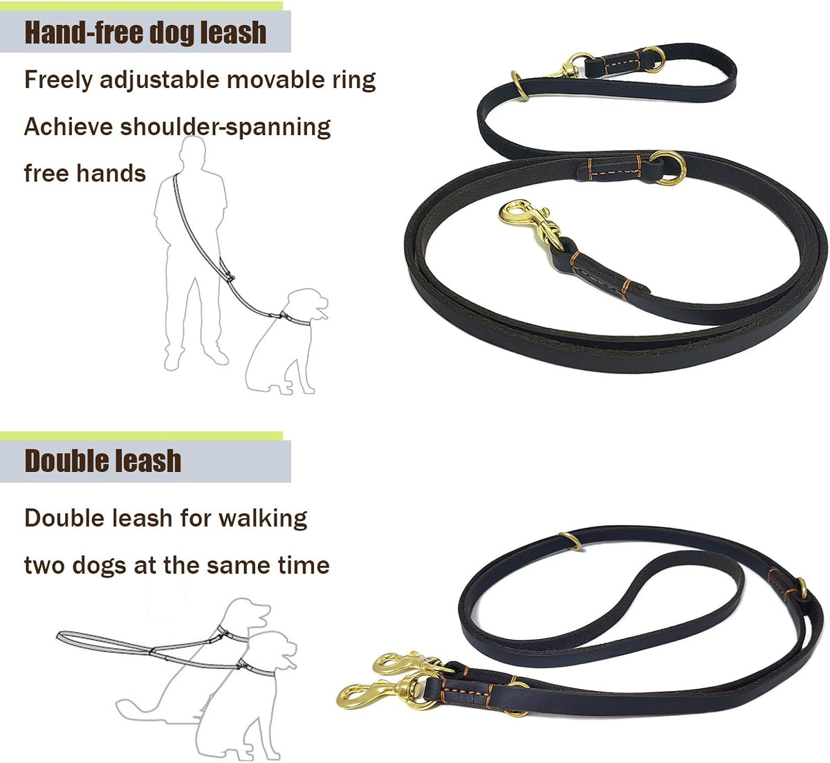 LWBMG Multi Function Leather Dog Leash 8ft Genuine Leather Leash - 8ft x 5/8inch / Black - image 2