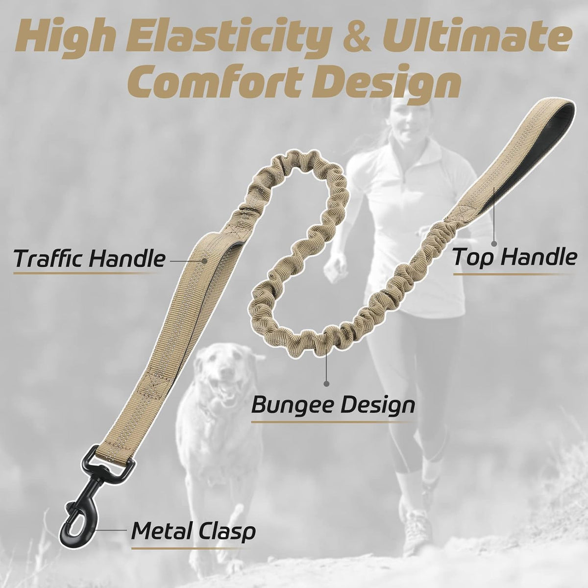 rabbitgoo Tactical Dog Leash, Heavy Duty Training Bungee Lead – Essentials for Dogs - Brown / Max: 6ft - image 4