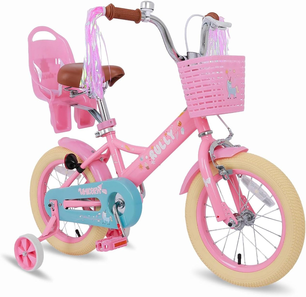 RULLY pink unicorn kids bike with training wheels, front basket, doll seat and streamers - view 4